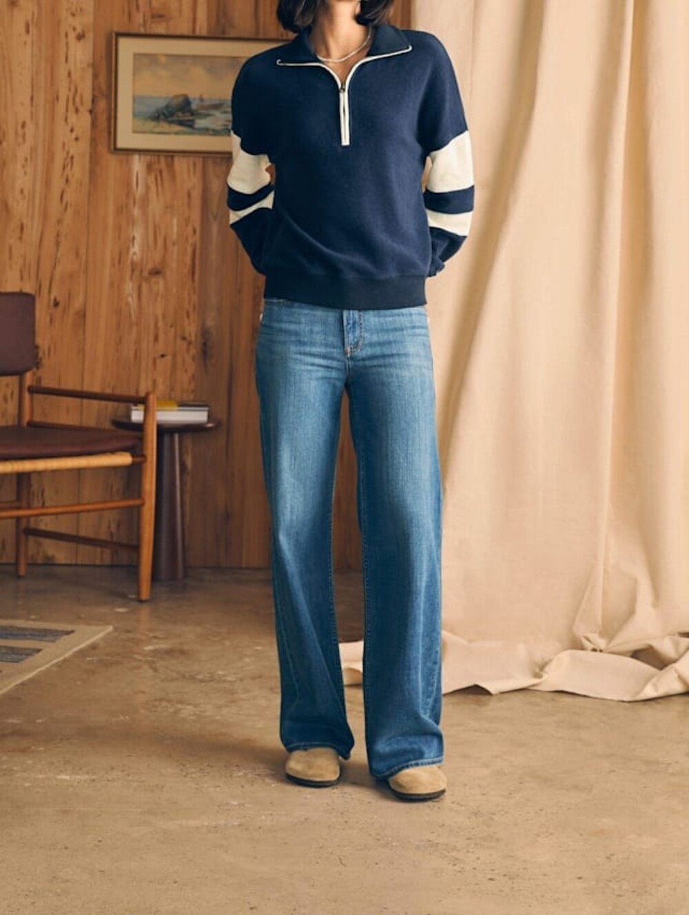 Faherty Beach Fleece Quarter Zip Navy Retro Sporty Preppy Pullover | Medium - Picture 5 of 10